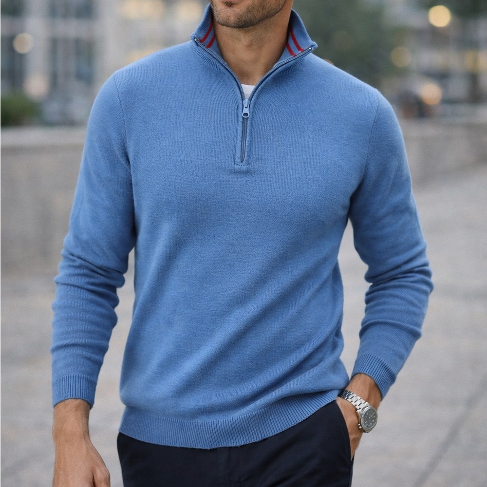 Billtornade Paris 1/4 Zip Sweater Blue Rib Knit Pullover Men's Size‎